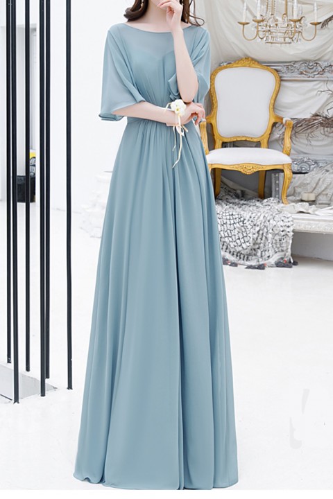 Boat Neck Bat Sleeve Pleated Chiffon Long Bridesmaid Dress with Corsage Back