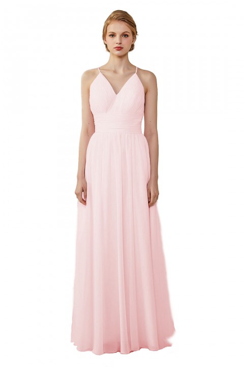 Spaghetti Straps V-Neck Bridesmaid Dress Open Back with Triangle Lace Detail