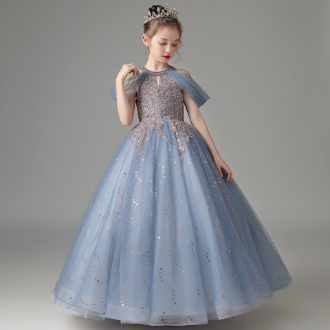 Blue Fantasy Halter Neck Short Tulle Sleeves Sequin & Bead Decor Shiny Flower Tulle Skirt Girls Pageant Dress