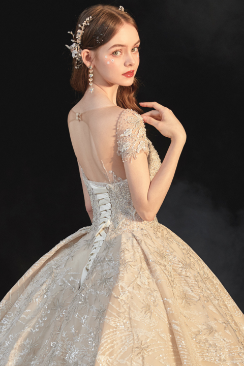 2021 New Luxury High-class Short Sleeves Beaded Tulle Wedding Dress With Long Train