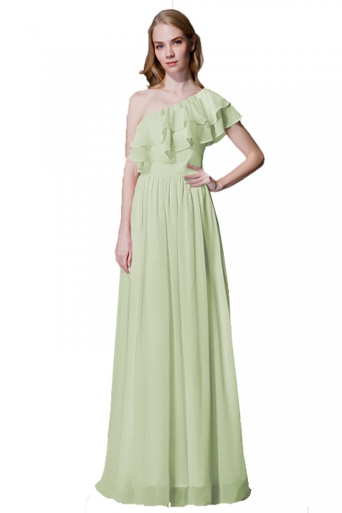 Asymmetrical One-Shoulder Flounce Chiffon Bridesmaid Dress Long