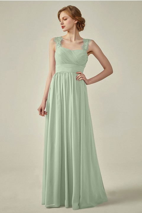 Pleated Long Chiffon Open Back Lace Strap Bridesmaid Dress