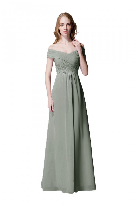 Crisscross Off-the-Shoulder Pleated V-back Bridesmaid Dress Long