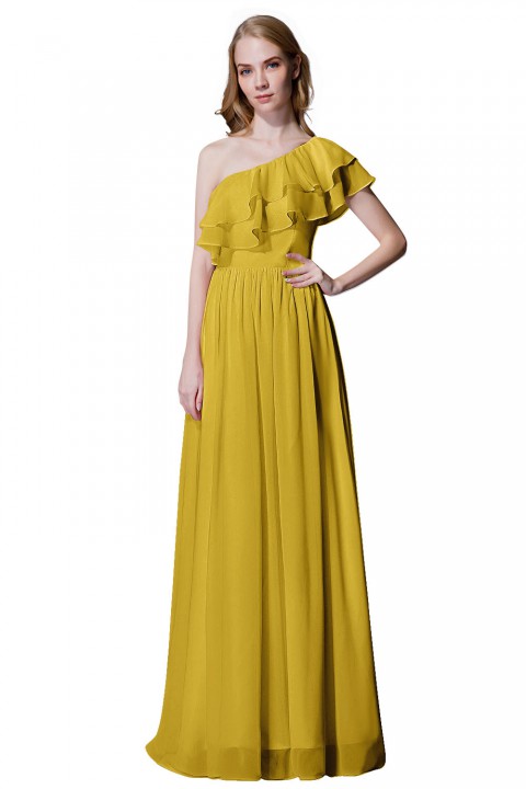 Asymmetrical One-Shoulder Flounce Chiffon Bridesmaid Dress Long