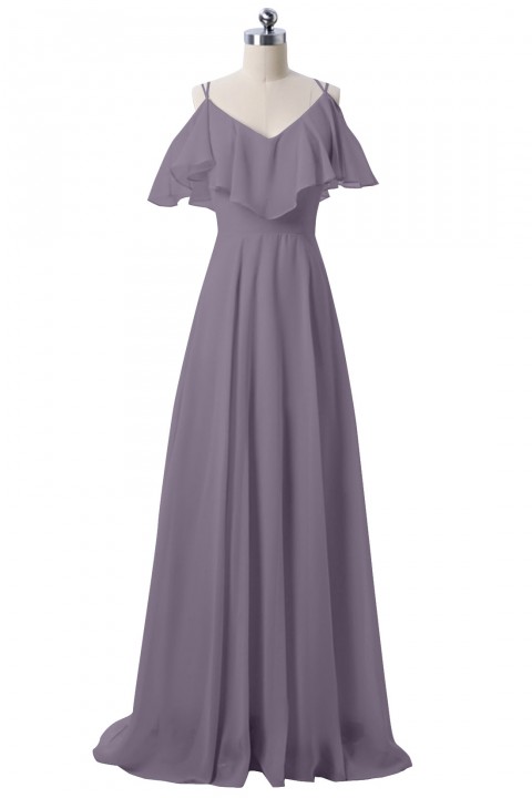 Double Spaghetti Straps V Neck Chiffon Bridesmaid Dress with Flouncing Top