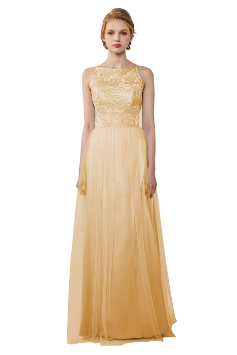 Tulle Lace Illusion Boatneck and Back Bridesmaid Dress with Keyhole 