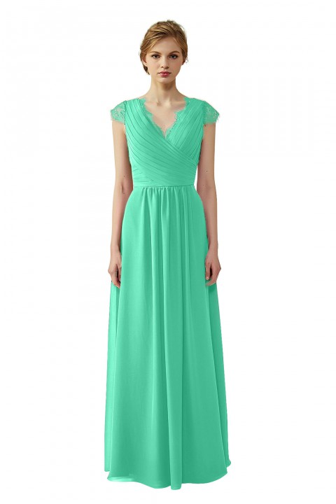 Lace Cap Sleeves  V-Neck Lace Back Closure with Keyhole Bridesmaid Dress