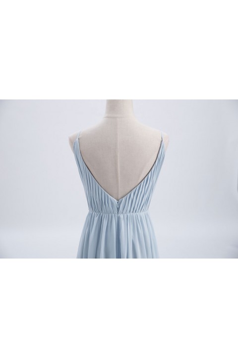 Spaghetti Straps Shell Neck Chiffon Bridesmaid Dress Open-back 