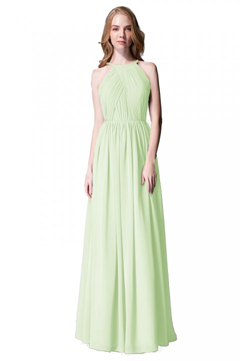 Pleated A-Line Halter Spaghetti-Straps Back Chiffon Bridesmaid Dress