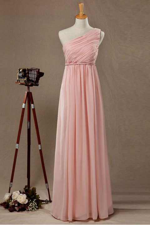 One Shoulder Long Chiffon Pleated Bridesmaid Dress with Twist Belt