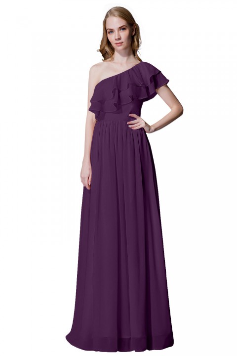 Asymmetrical One-Shoulder Flounce Chiffon Bridesmaid Dress Long