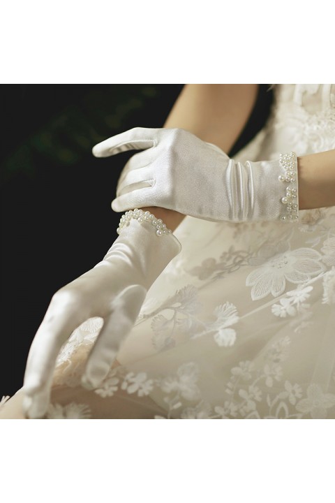 White Handmade Pearl Decor Satin Wedding Bridal Gloves