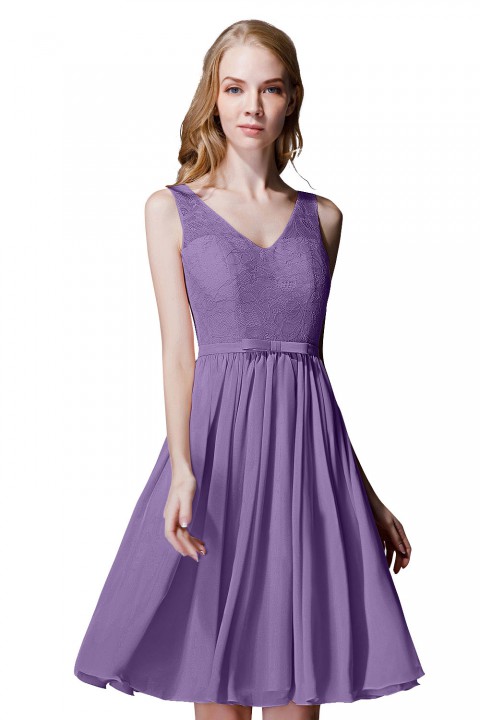 V-Neck Lace Bodice Straps Detail Back Short Bridesmaid Dress with Belt