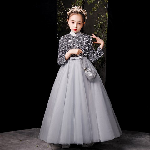 Fancy Grey Sequins Lace Princess Tulle Skirt Flower Girl Dresses 