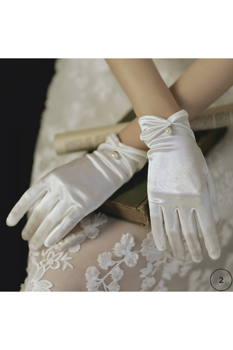 White Pearl Decor Thin Tulle&Satin Wedding Bridal Gloves