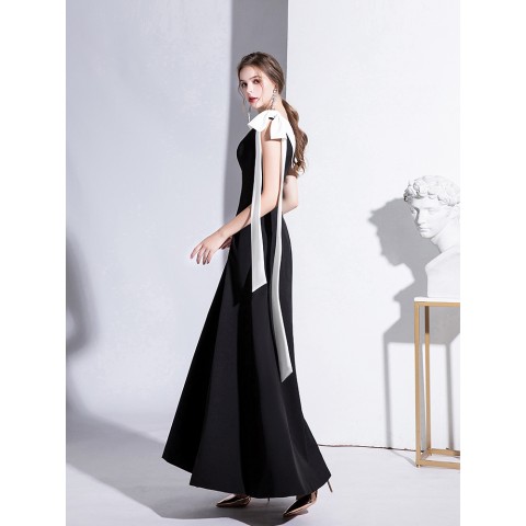 Black Big Bow One Shoulder Design Sleeveless Satin Party Dress