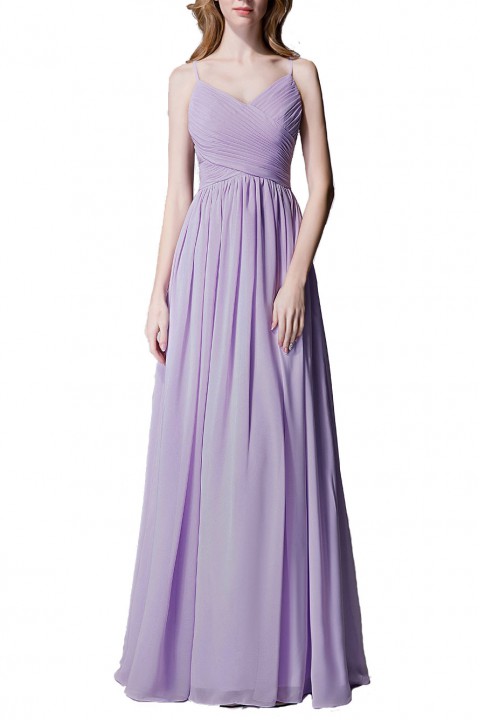 Spaghetti Straps Pleated Chiffon Bridesmaid Dress with Lace Open Back