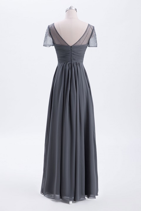 Criss Pleated V-neck High-low Chiffon Bridesmaid Dress with Illusion Sleeves