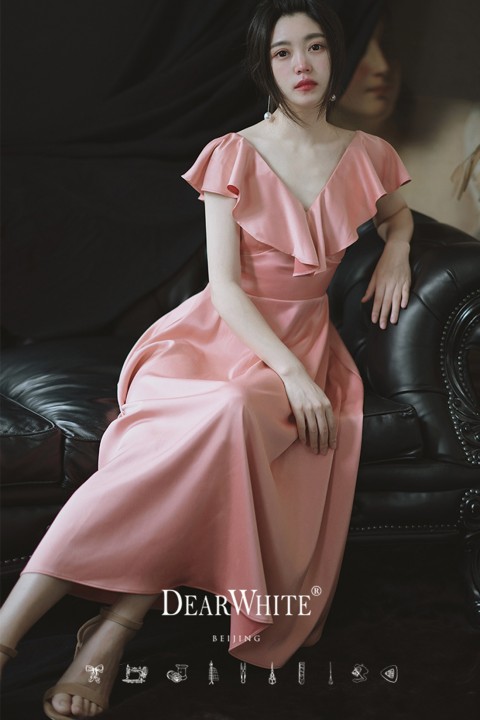 V Neck Cap Sleeve Ruffles A Line Bridesmaid Dress