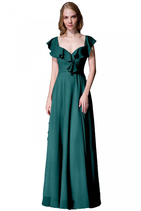 V Neck Cascading Ruffles Sleeve Bow Back Bridesmaid Dress 