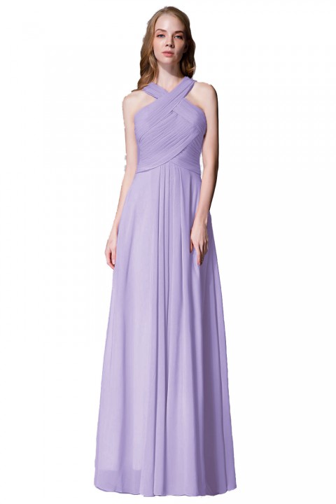 Chic Criss-cross Halter Pleated Chiffon Bridesmaid Dress Long