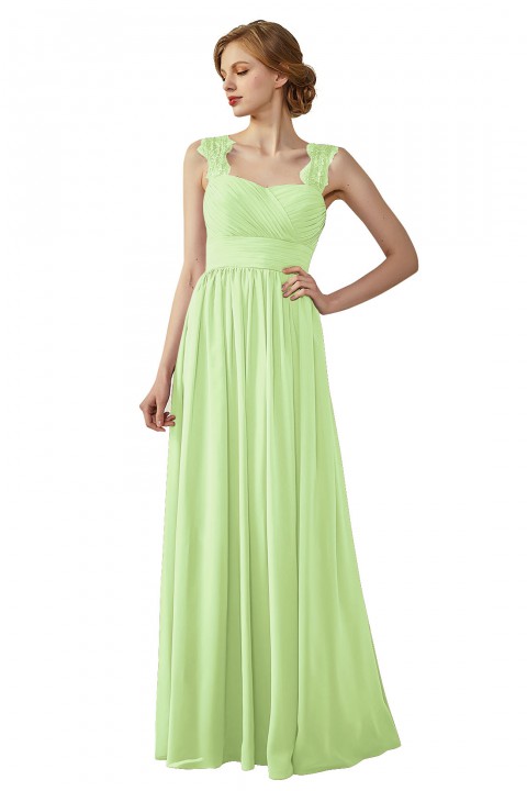 Pleated Long Chiffon Open Back Lace Strap Bridesmaid Dress