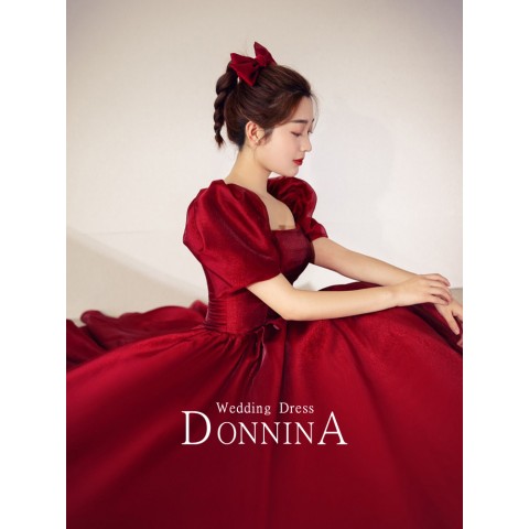 Classic Burgundy Square Neck Puff Sleeves Satin Party Dress