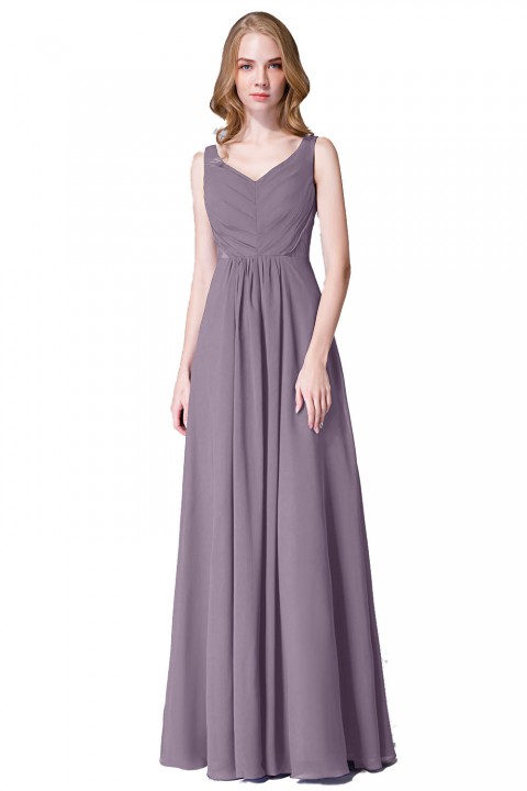 Elegant V-Back Chiffon Tank Bridesmaid Dress with Mesh Lace Inset