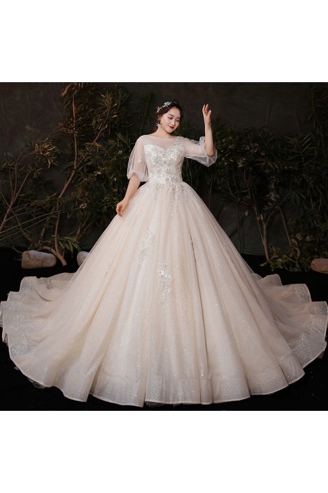 Plus Size 2021 Round Neck Puff Sleeves Beaded Embroidered Flower Tulle Wedding Dress With Long Train