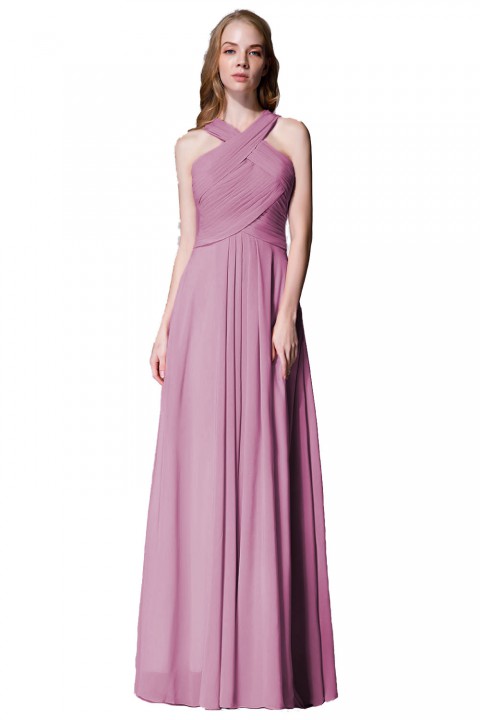 Chic Criss-cross Halter Pleated Chiffon Bridesmaid Dress Long