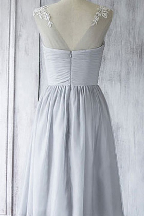 Lace Illusion Scoop Neck Sweetheart Short Pleated Bridesmaid Dress