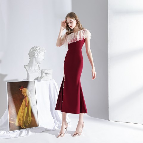 Red One-Shoulder Sleeveless Pearl Decor Mermaid Satin Party Dress