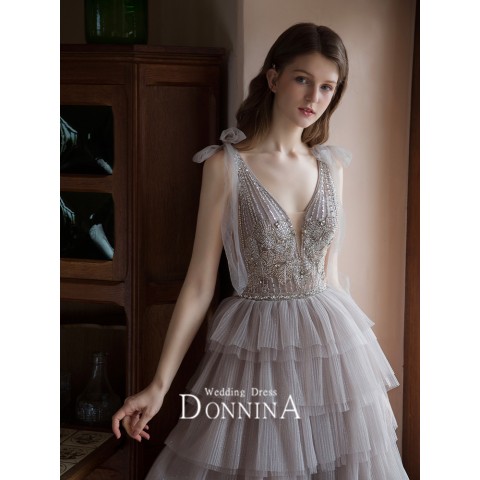 Wisteria Double Deep V-neck Beaded Layer Ruffle Tulle Party Dress