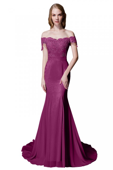 Elegant Mermaid Off Shoulder Chiffon Lace Straight Bridesmaid Dress with Train