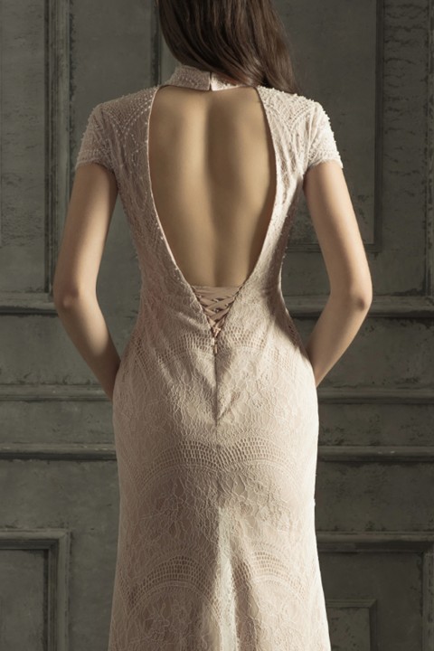 Corset Open Back Beaded Two in One Lace Wedding Dress with Detachable Tulle Overskirt