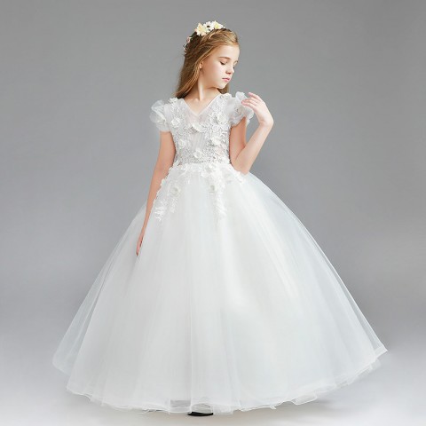 V-Neck Cap Sleeve Lace Embroidery Decor Tulle Skirt Girls Pageant Dresses