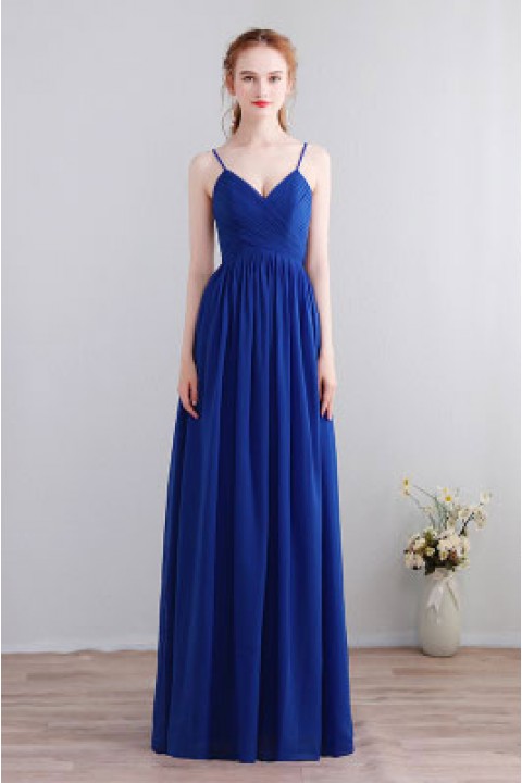 Spaghetti Straps Pleated Chiffon Bridesmaid Dress with Lace Open Back