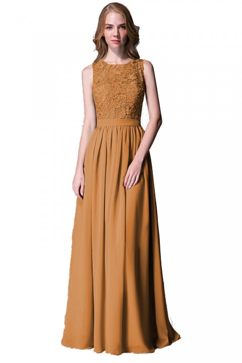 Lace Upper Bodice Illusion Scoop Neck Chiffon Bridesmaid Dress Sleeveless