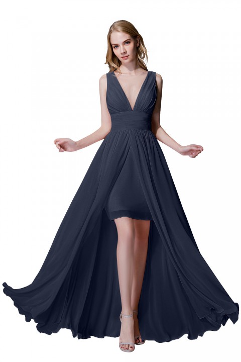 Plunging Illusion Tulle Scoop Neck High Slit Chiffon Bridesmaid Dress