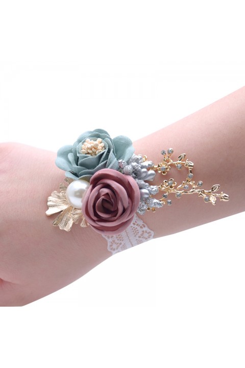 Artificial Flower Pearl Beaded Lace Wedding Wrist Corsage