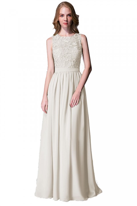 Lace Upper Bodice Illusion Scoop Neck Chiffon Bridesmaid Dress Sleeveless