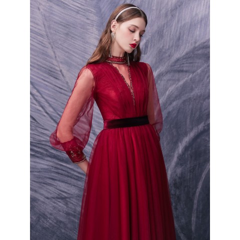 Red Deep V-neck Long Puff Sleeves Beaded Decor Shinny Belted Tulle Party Dress