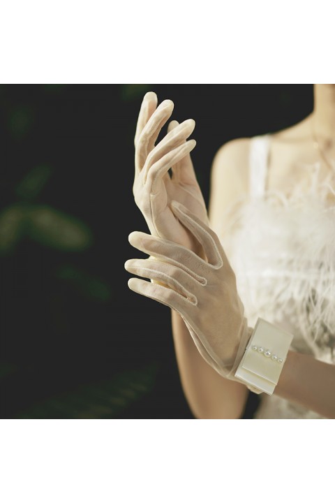 White Pearl Decor Satin Thin Tulle Wedding Bridal Gloves