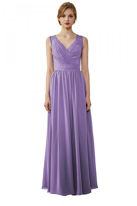 Lace Illusion Back Closure with Button Ruched V-Neck Bridesmaid Dress 