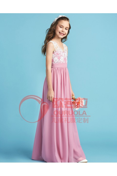 Pink Lace V-Neck Sleeveless Chiffon Skirt Junior Bridesmaid Dresses