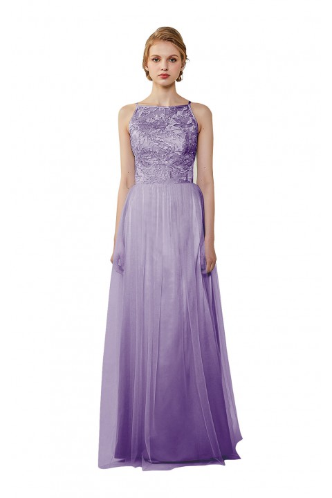 Tulle Lace Illusion Boatneck and Back Bridesmaid Dress with Keyhole 