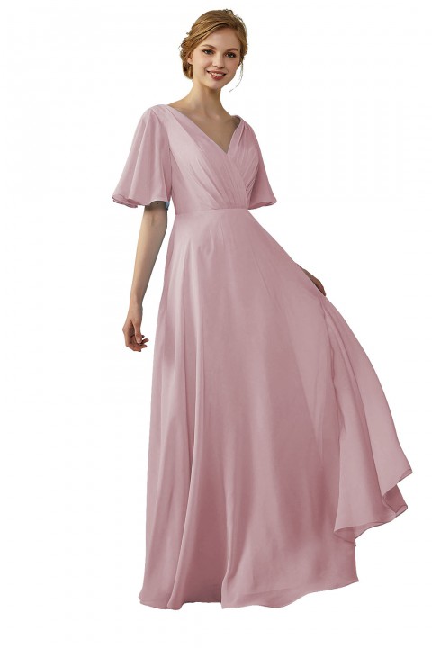 Casual V-Neck Flutter Sleeves Chiffon Ruched Bridesmaid Dress with Keyhole Back