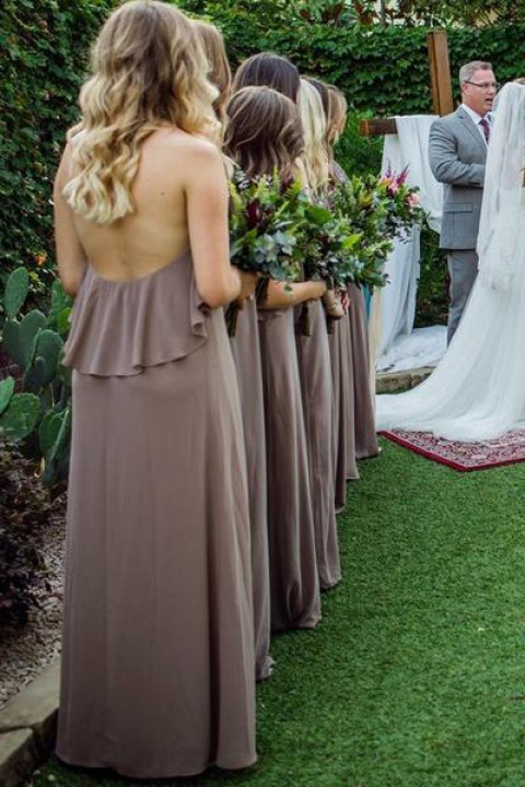 Halter Ruffle Top Chiffon Bridesmaid Dress with Open Back