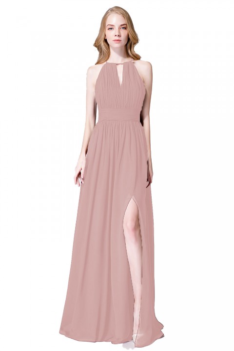 High-Neck with Keyhole Halter Tie Back Chiffon Bridesmaid Dress 