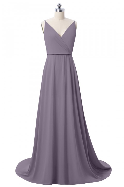 Low V Neck & Back Spaghetti Straps Bridesmaid Dress with Train